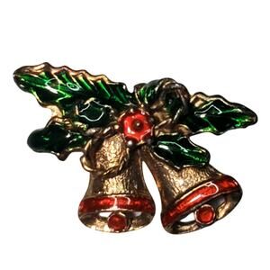 Enamel Holly Double Bells Bow Vtg Unsigned Gold Tone Brooch Pin 1"